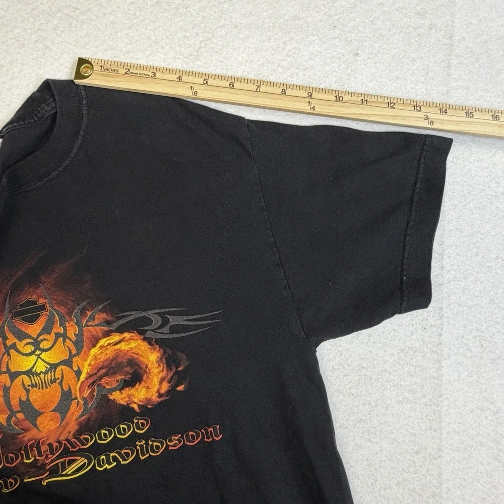 Harley Davidson T Shirt L Black Made In USA Hollywood CA Flame‎ Skull Biker VTG